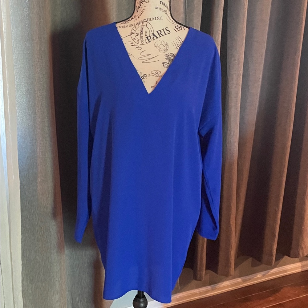 Blue V-Neck Long Sleeve Women's Dress